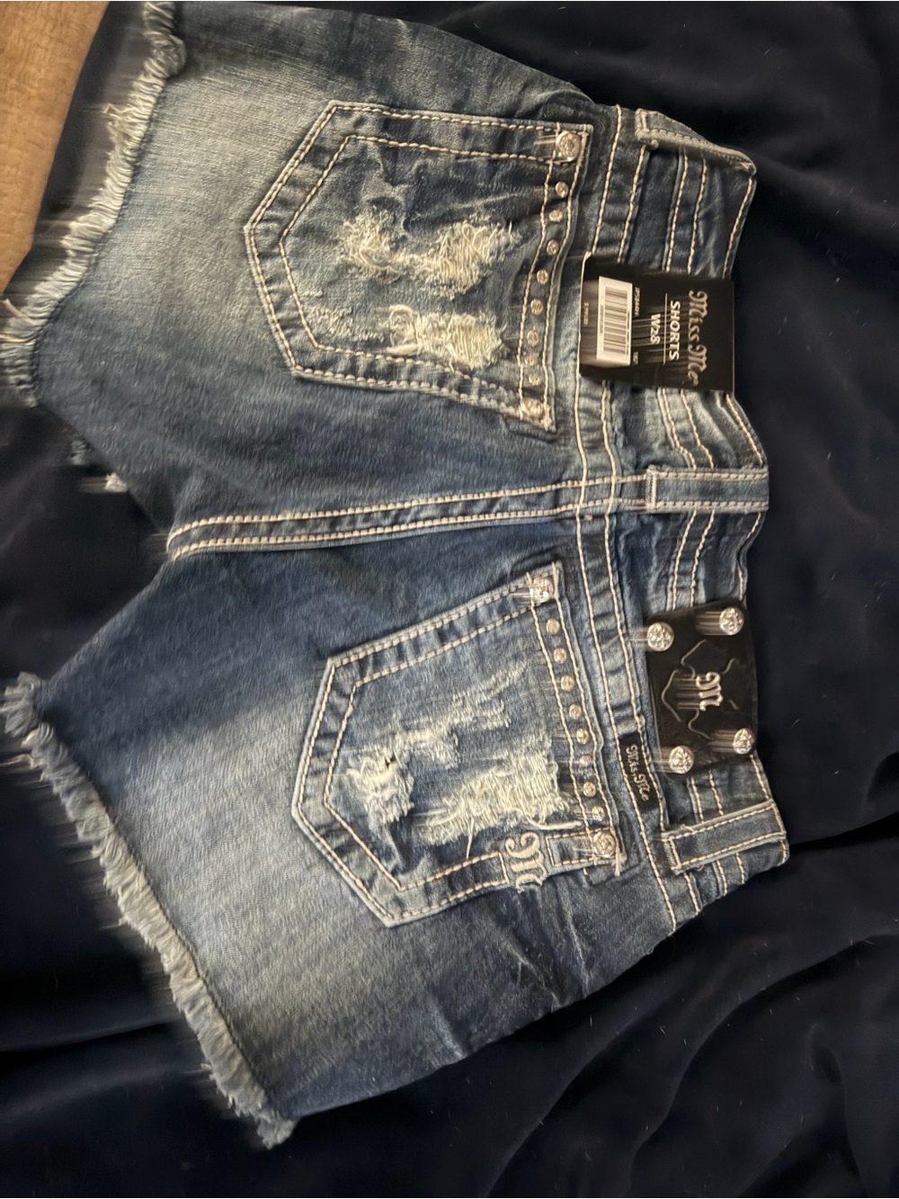 Miss Me Blue & White Flag Print Distressed Denim Jean Shorts - Picture 2 of 3